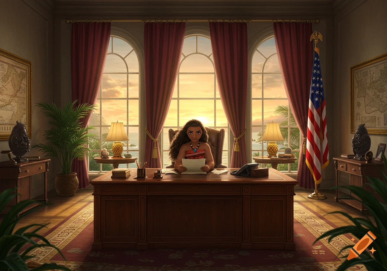 Animated Moana sits at a grand wooden desk in a presidential office with large arched windows showing a tropical ocean sunset.
