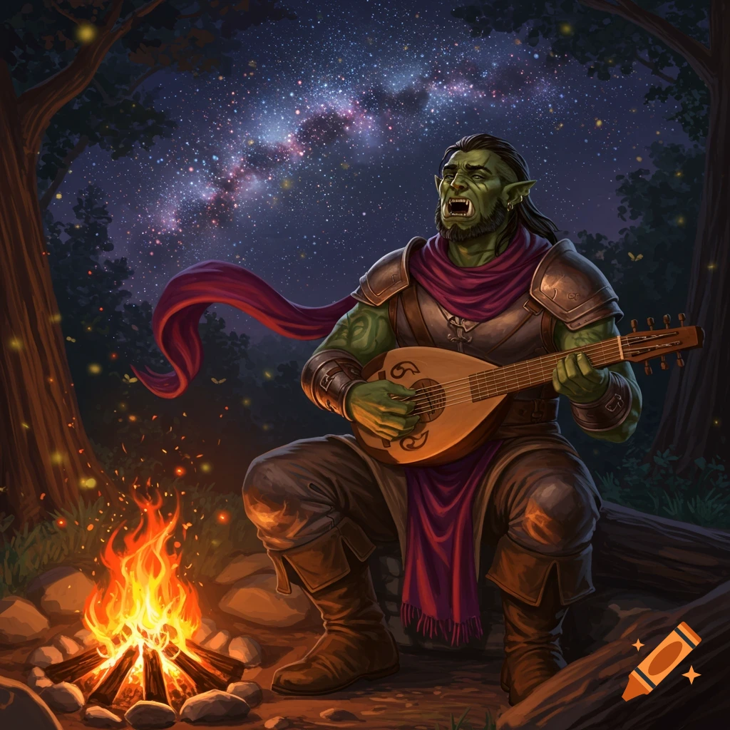 An orc bard plays a lute by a crackling campfire under a vibrant starry night sky in a forest.