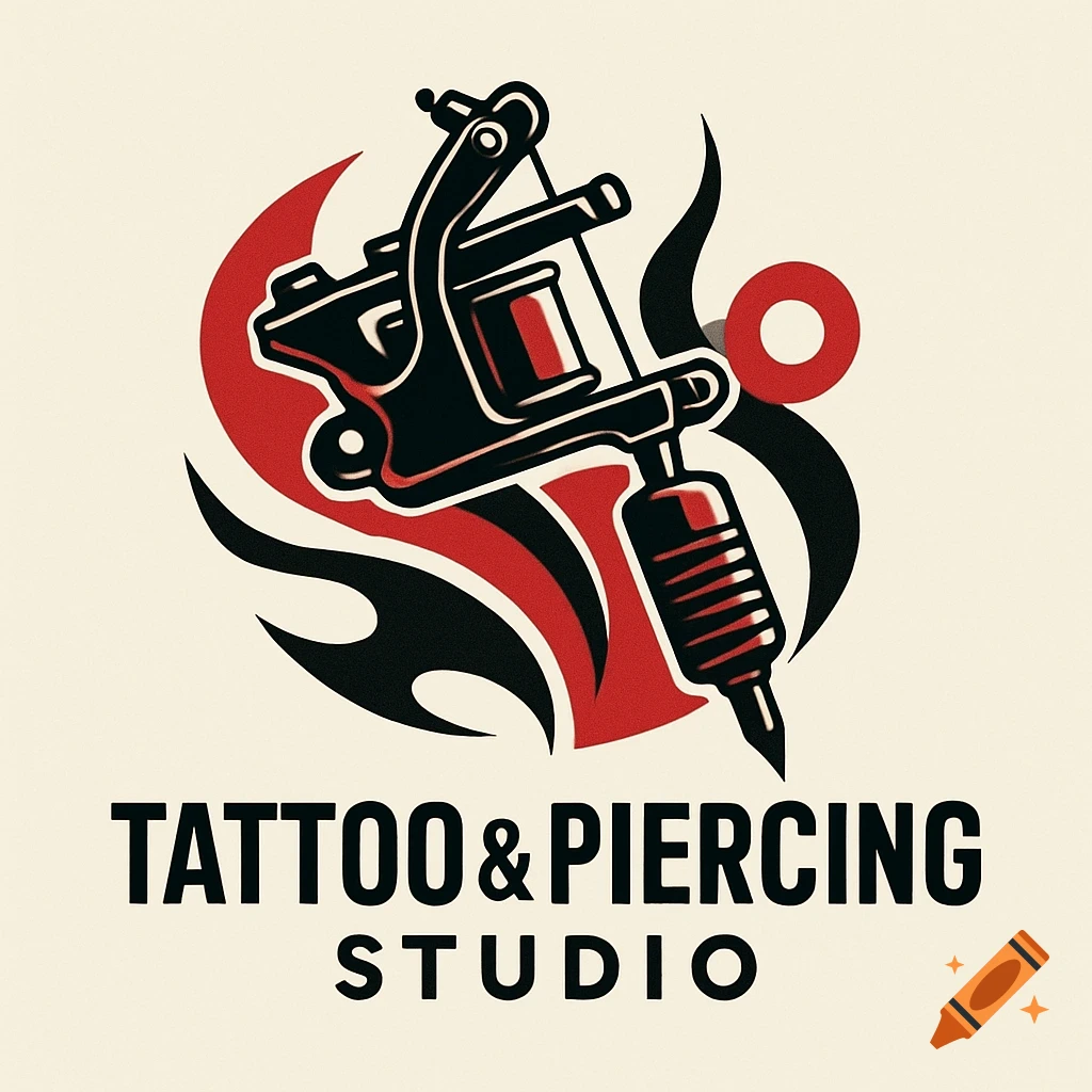 A black and red stylized tattoo machine logo with "TATTOO & PIERCING STUDIO" text and flame designs on a cream background.