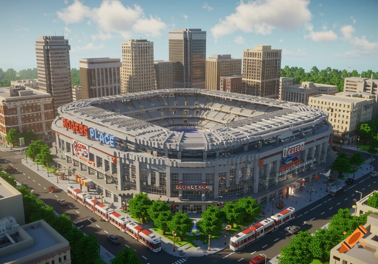 An aerial view of Rogers Place stadium and surrounding city buildings, all rendered in a blocky, Minecraft-style, under a blue sky.