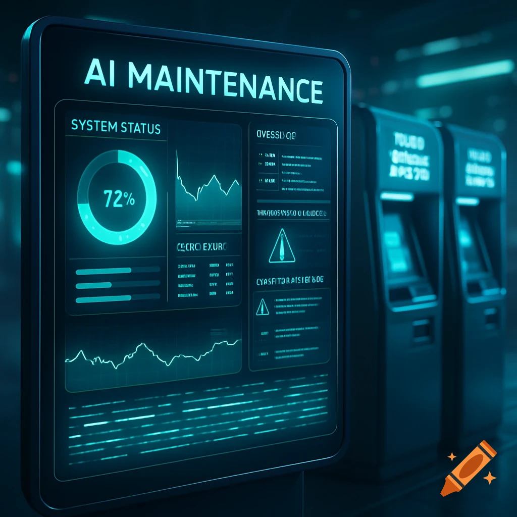 A futuristic, glowing blue digital dashboard displays "AI MAINTENANCE" with system status graphs and gibberish data, next to two dark vending machines.