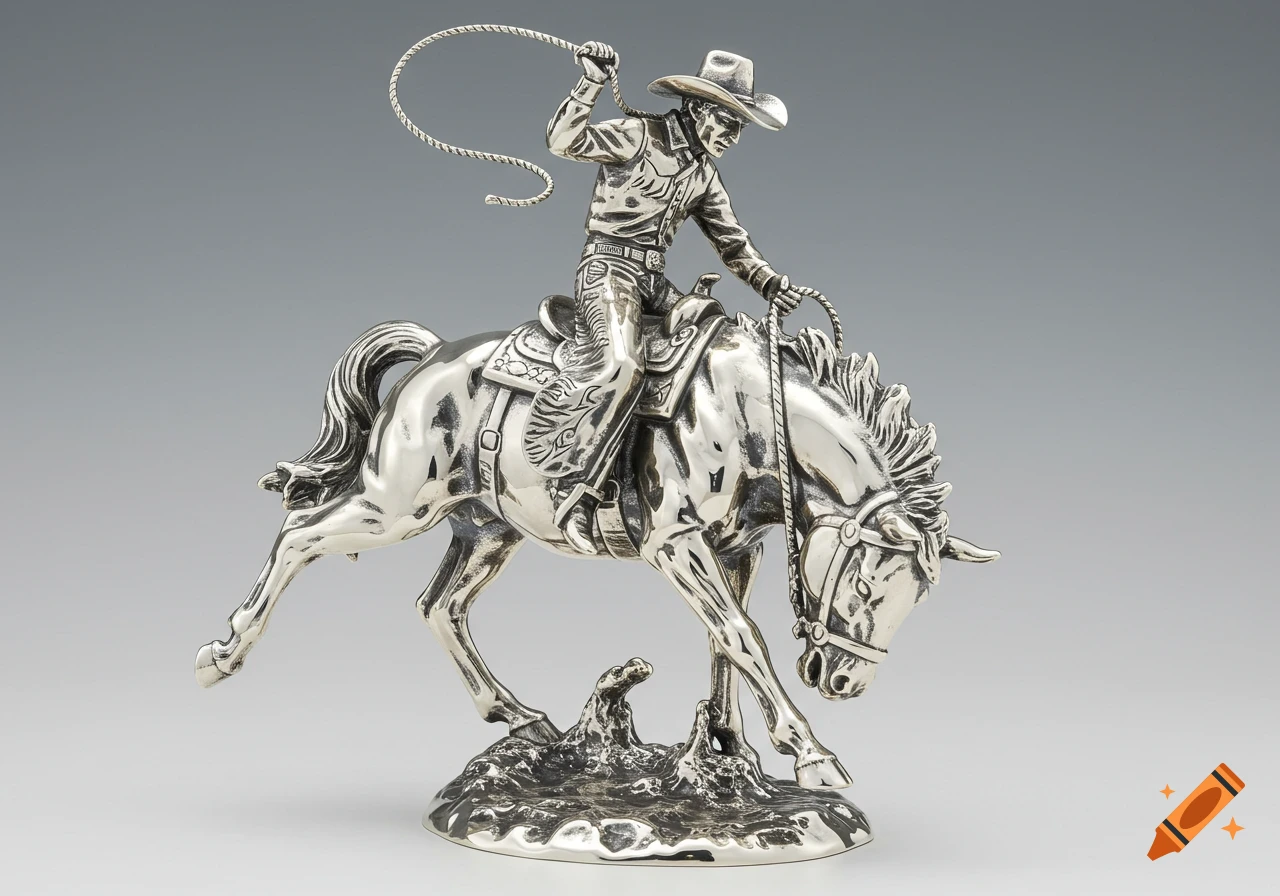 A detailed silver sculpture of a cowboy riding a bucking horse.