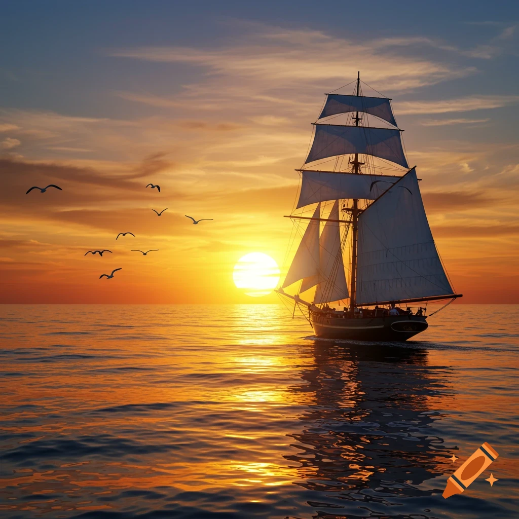 A classic sailboat with full white sails glides across the ocean at sunset, with birds silhouetted against the colorful sky.