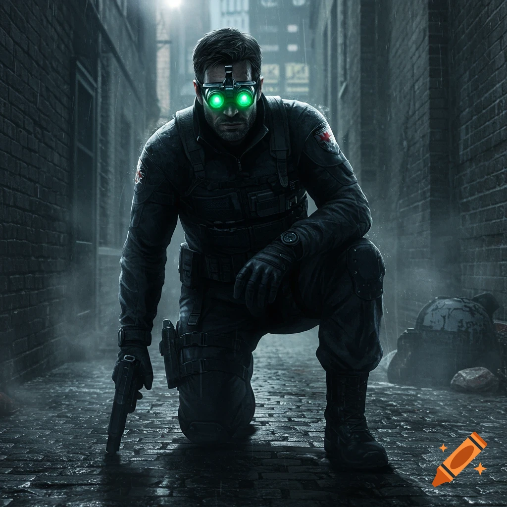 A tactical agent in night vision goggles kneels with a pistol in a dark, rainy alley, in a photorealistic style.