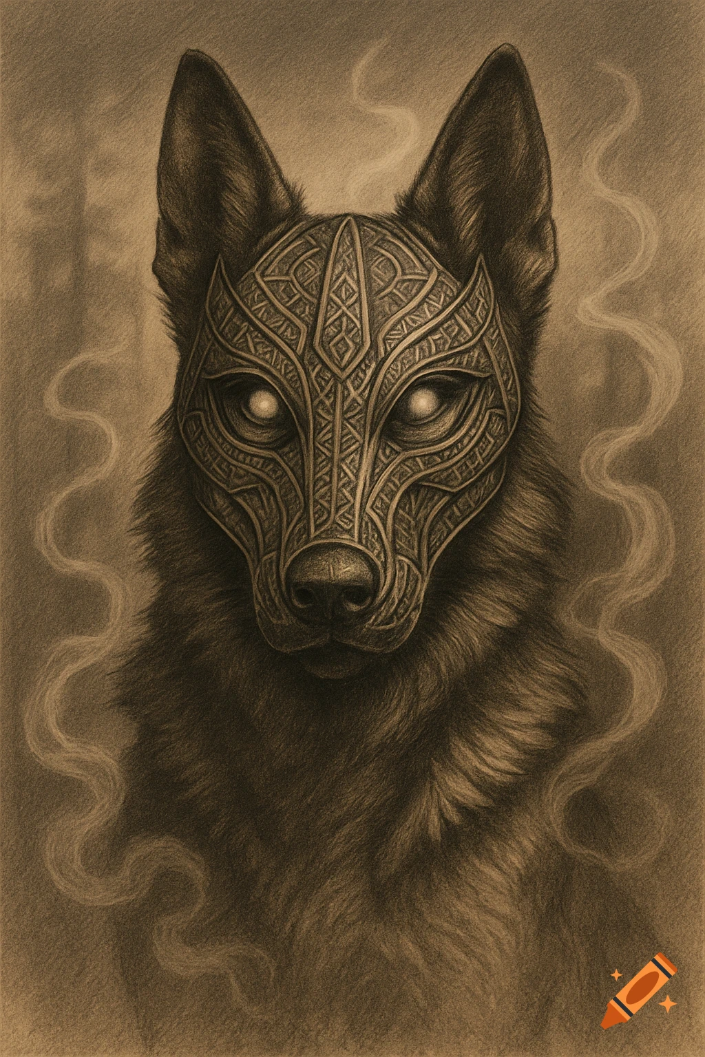 Sepia drawing of a wolf-like creature in an intricate Celtic knot mask with glowing eyes, surrounded by wispy smoke.