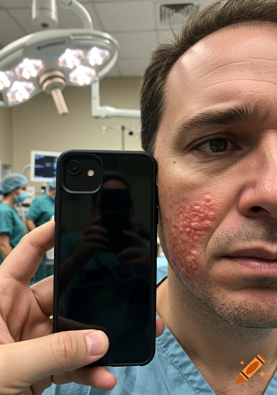 Close-up photorealistic image of a man in medical scrubs with a severe facial rash, holding a black phone for scale in a clinical setting.