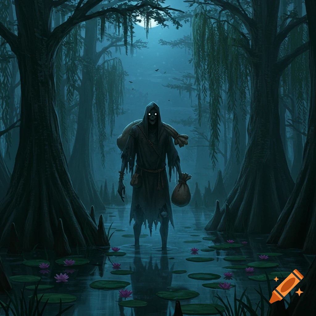 Skeletal hooded figure with glowing eyes standing in a dark, moonlit swamp filled with lily pads, carrying a sack on its shoulder.