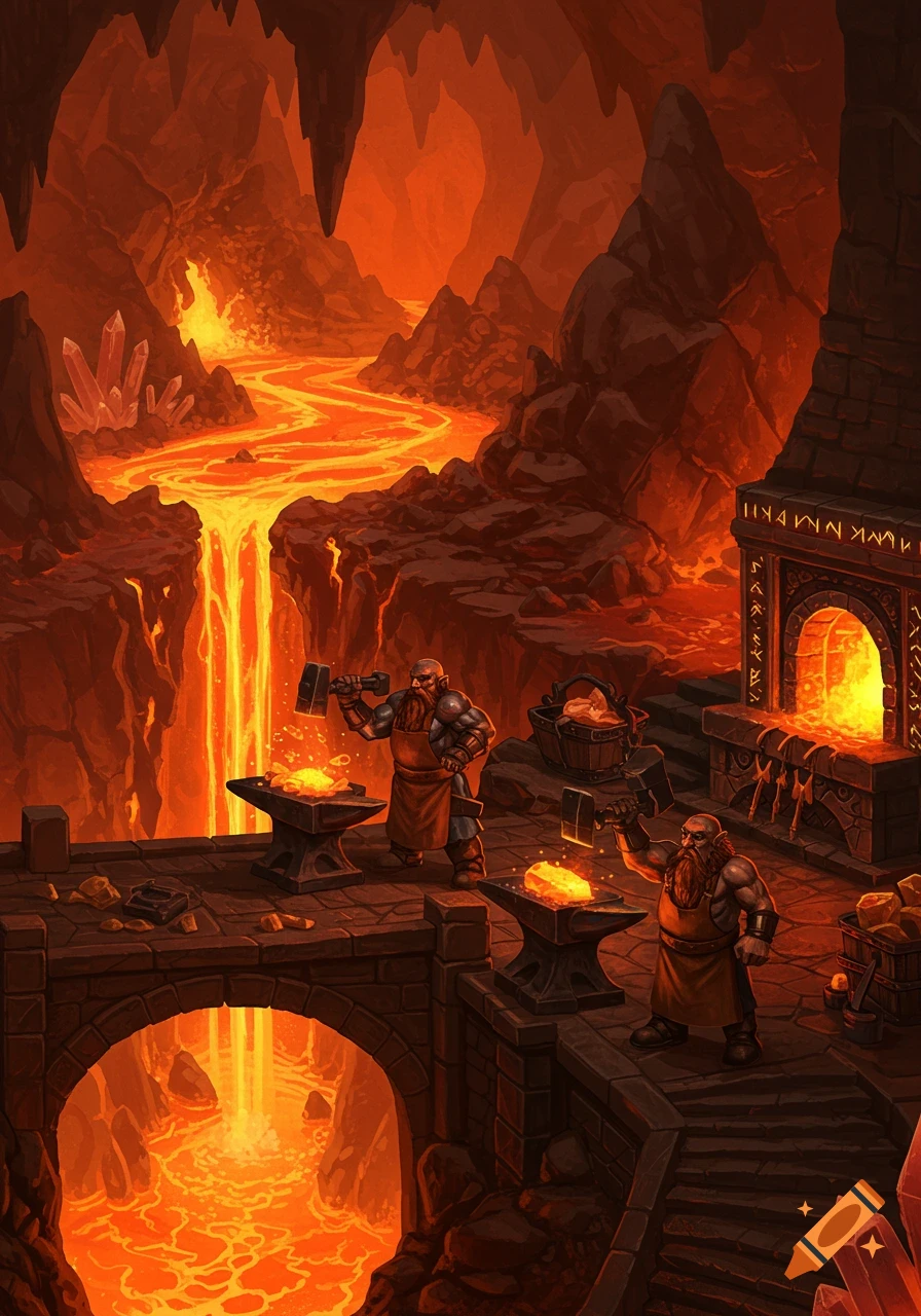 Two bearded dwarfs blacksmith in a fiery underground cavern with lava rivers, a waterfall, and a glowing furnace.