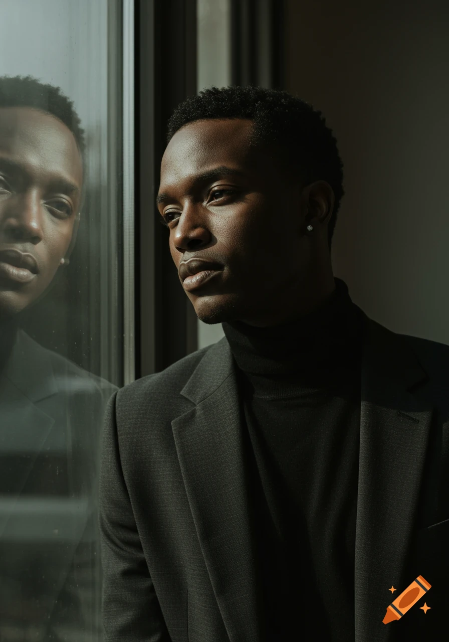 A stylish man in a black turtleneck and dark blazer gazes thoughtfully at his reflection in a glass window, bathed in soft, natural light.