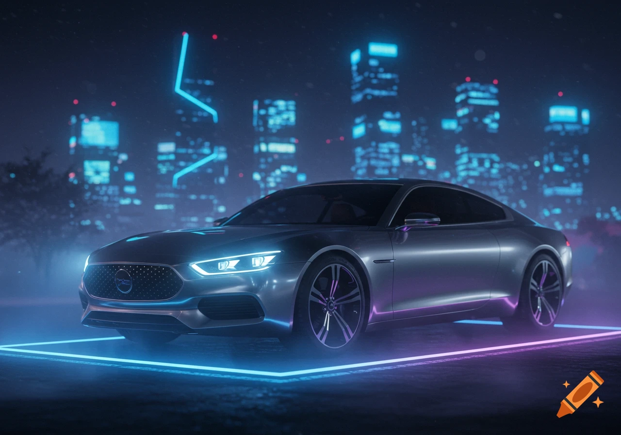 A sleek silver futuristic car is parked at night, illuminated by neon blue and purple lights, with a blurry city skyline in the background.