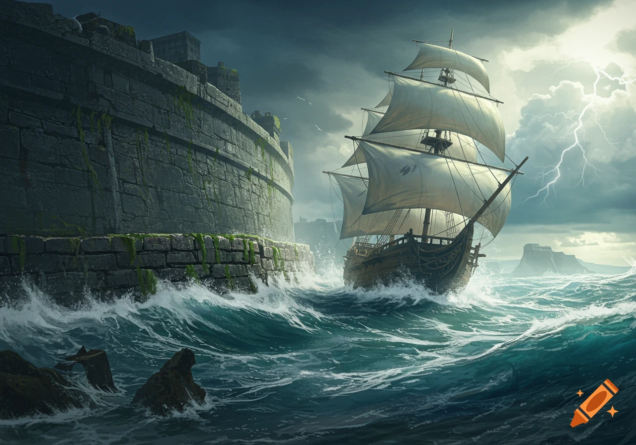 A tall ship battles rough, stormy seas next to a mossy stone fortress under a dramatic, lightning-filled sky.