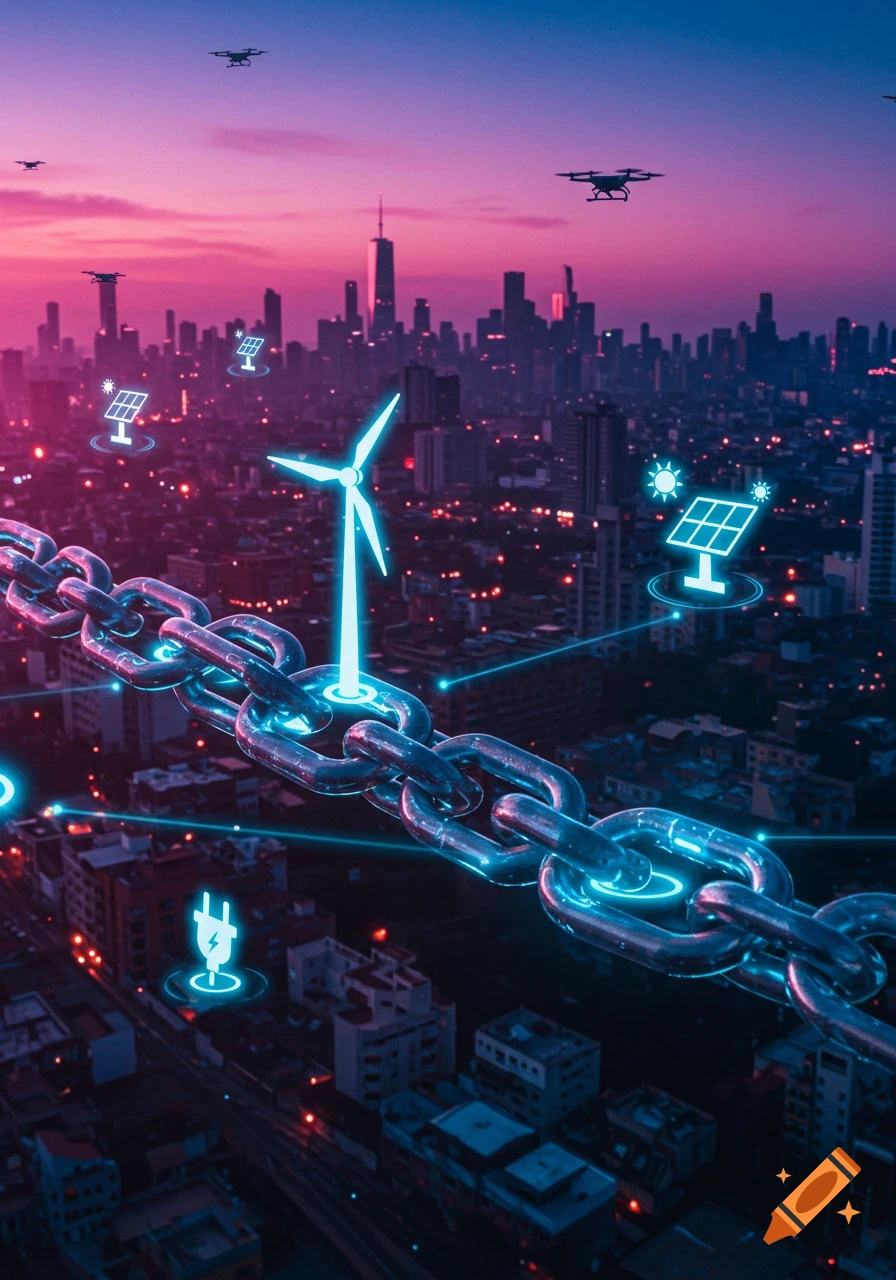 Futuristic cityscape at dusk with glowing blue chains connecting energy icons (wind turbine, solar panel, plug) and drones flying over a pink and purple sky.