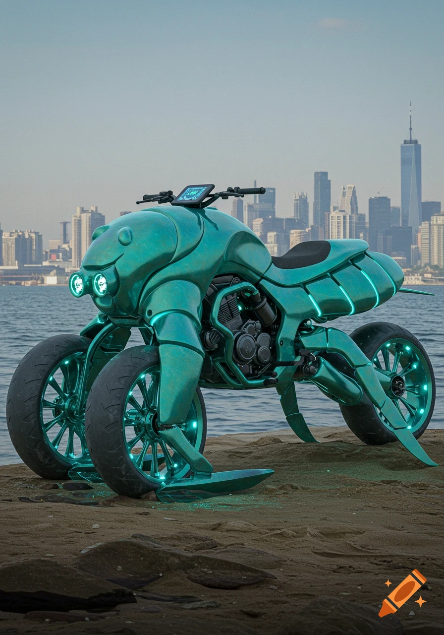 A teal, insect-like futuristic four-wheeled vehicle with glowing lights on a sandy beach with a city skyline in the background.