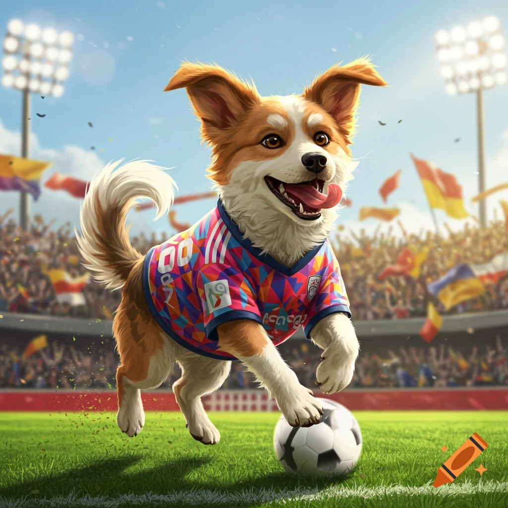 A joyful dog in a colorful soccer jersey runs on a green field with a soccer ball, stadium lights and a cheering crowd in the background.