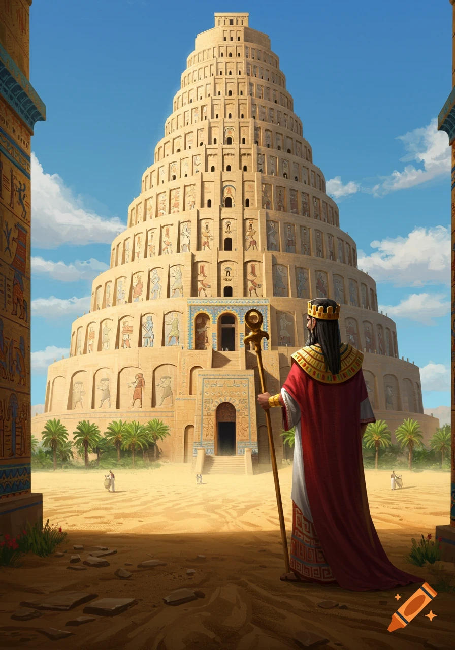 A king in a red robe and crown stands in a desert, looking up at a massive, tiered ancient ziggurat with hieroglyphic details under a blue sky.