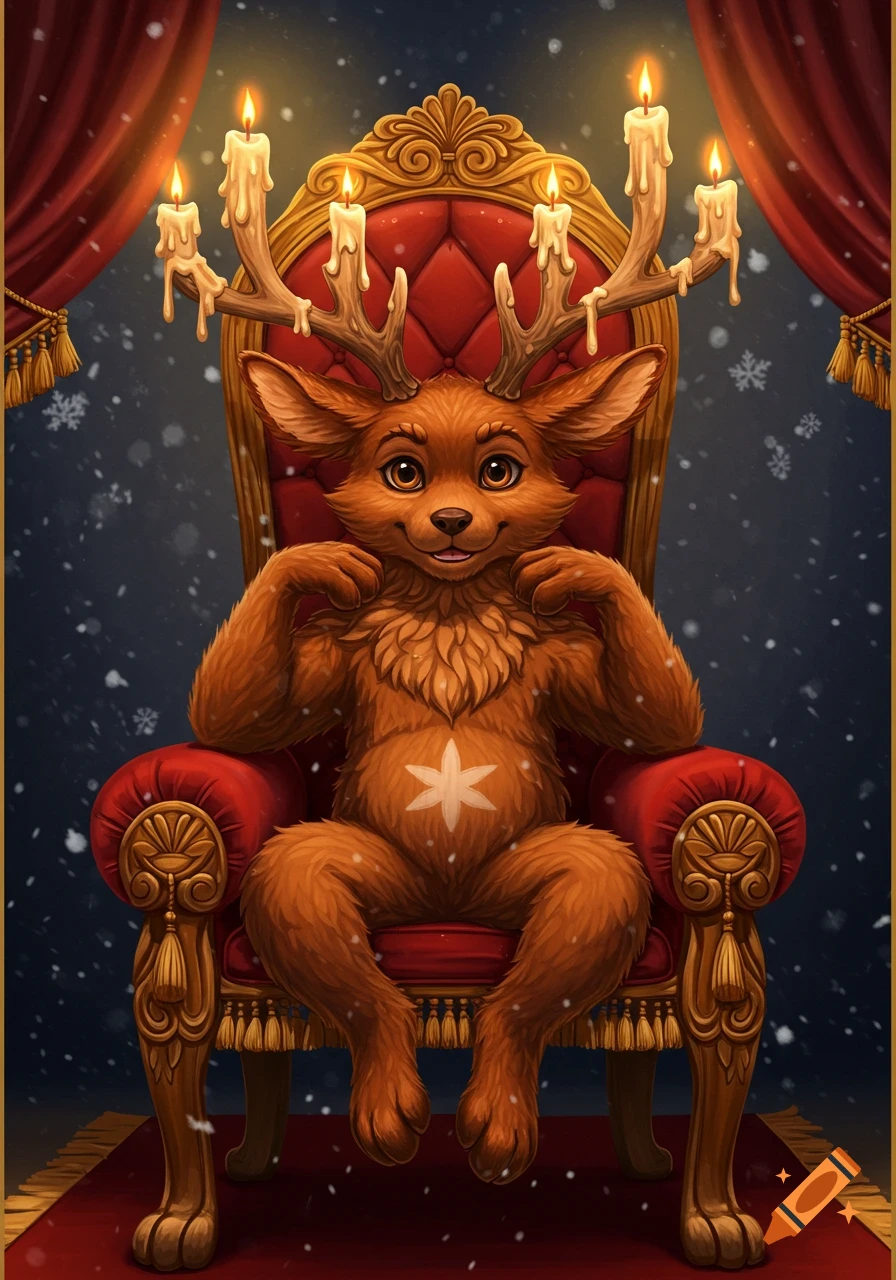 A smiling, ginger, anthropomorphic deer (Rudolph fursona) with candle antlers sits on an ornate red and gold Christmas throne as snow falls.