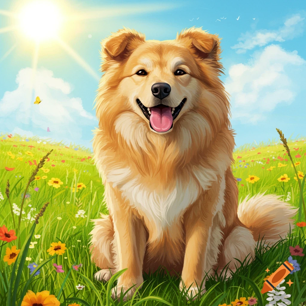 A happy fluffy golden dog sits in a vibrant field of colorful wildflowers under a bright sunny sky, illustrated.