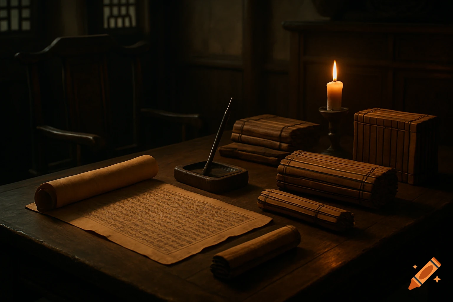 An ancient Chinese scholar's study room with a wooden desk, unrolled scroll with illegible text, ink brush, bamboo books, and a lit candle, in a cinematic style.