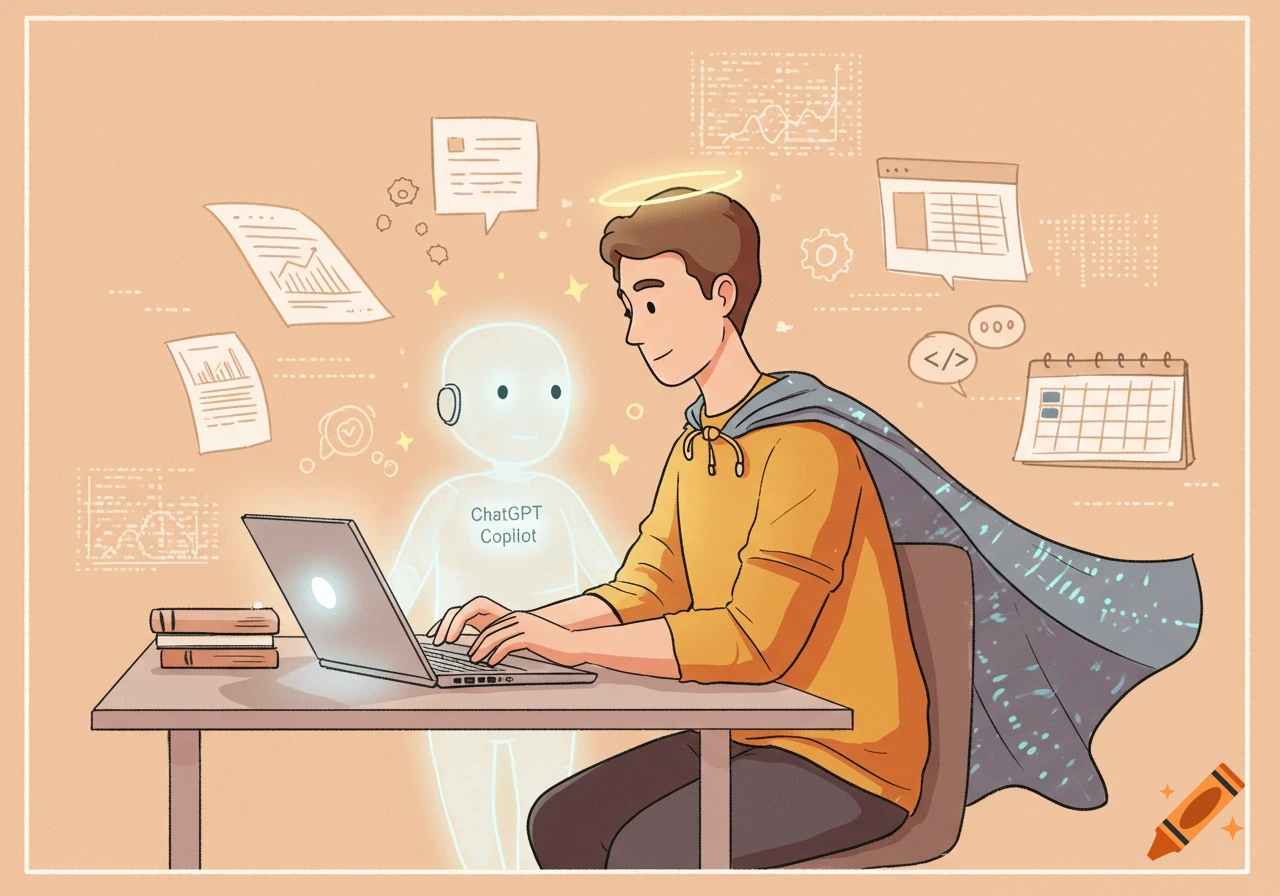 A man with a halo and a data-flowing cape works on a laptop at a desk with a glowing AI robot assistant.