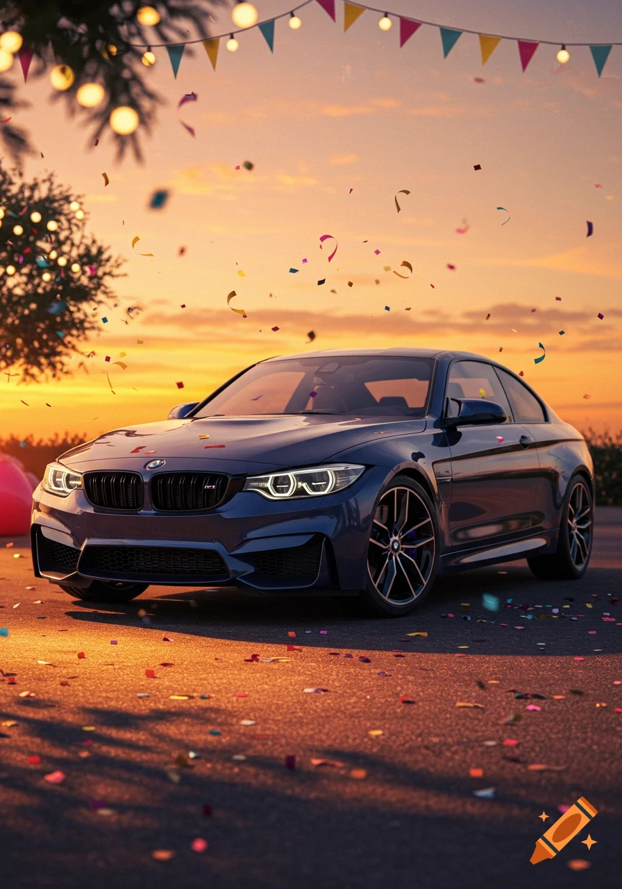 Photorealistic blue BMW M4 sports car at sunset, with colorful confetti falling and festive string lights overhead.