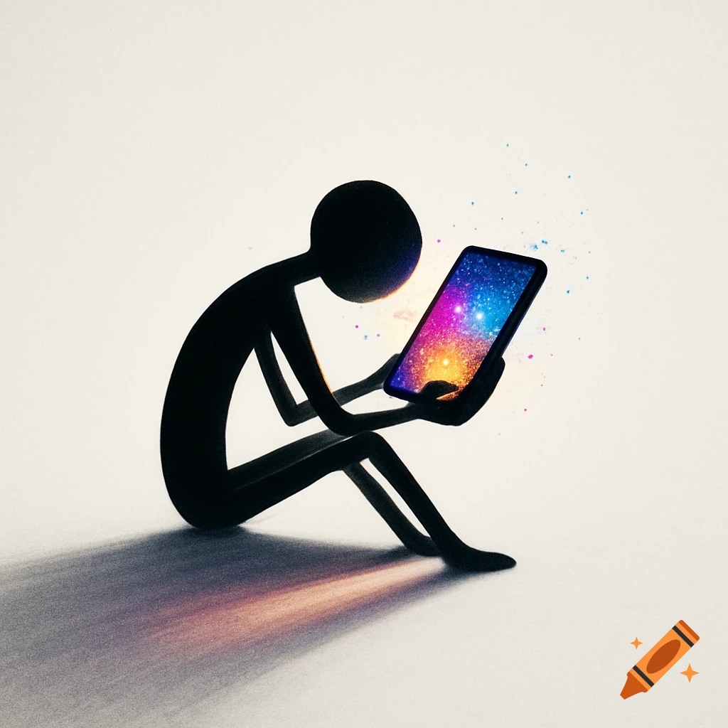A black stick figure sits, engrossed in a glowing smartphone displaying a colorful galaxy against a white background.