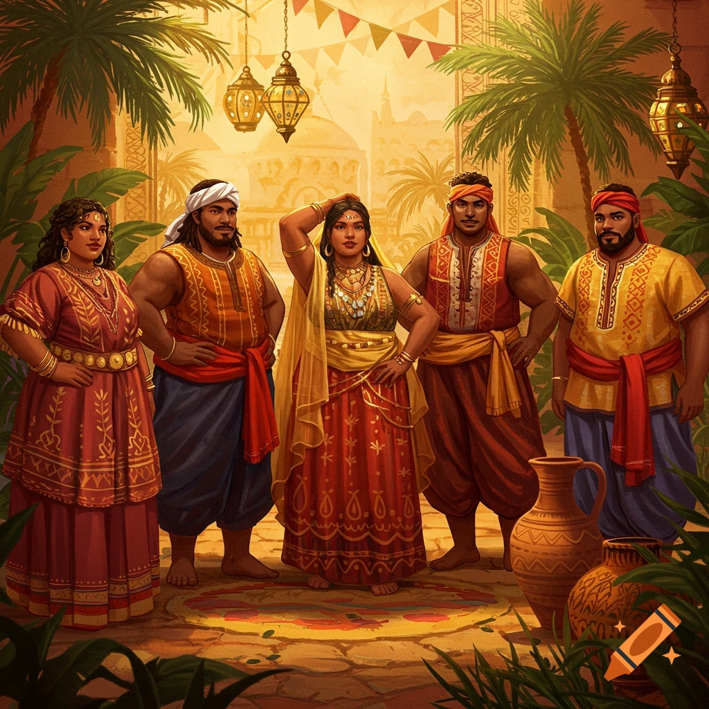 An illustration of five people in colorful traditional attire standing in an outdoor, palm-tree-filled Middle Eastern setting.