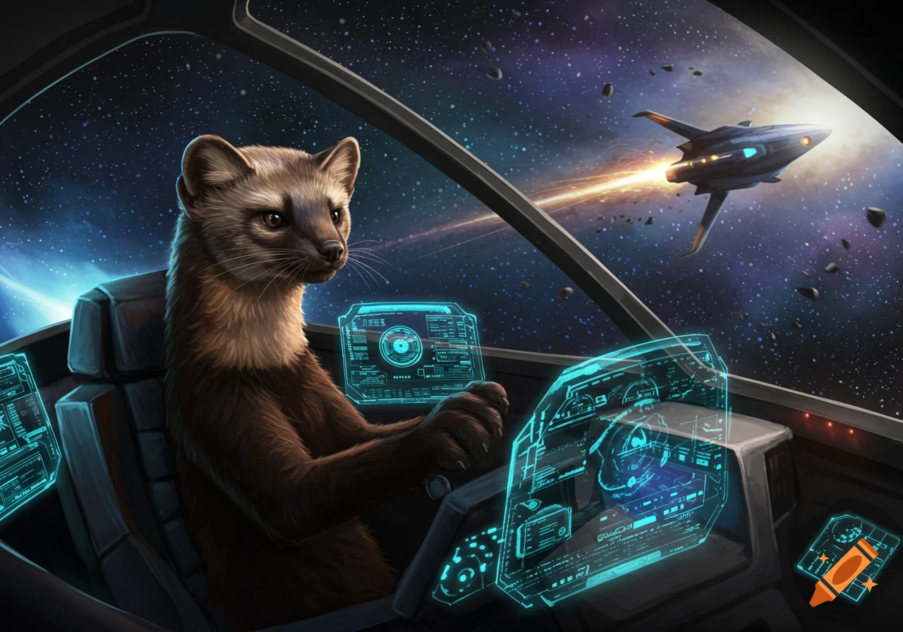 A photorealistic sable pilots a spaceship, looking intently at another spacecraft flying through deep space with stars and asteroids.