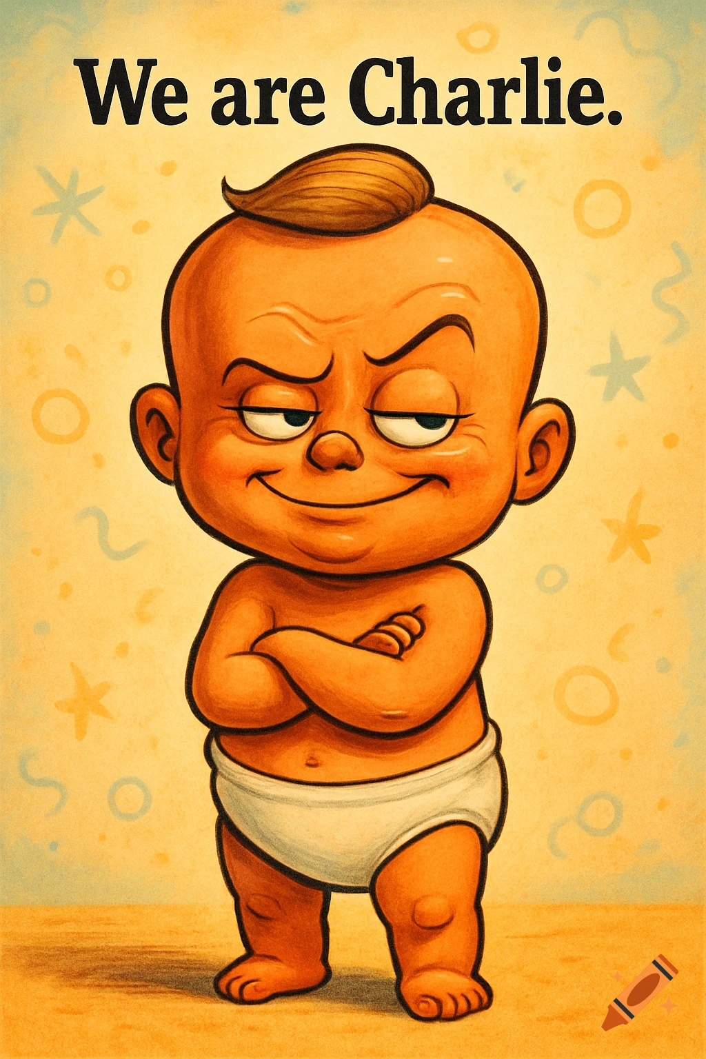 A cartoon caricature of a smug baby with orange skin and a toupee, standing with crossed arms. Text reads "We are Charlie."