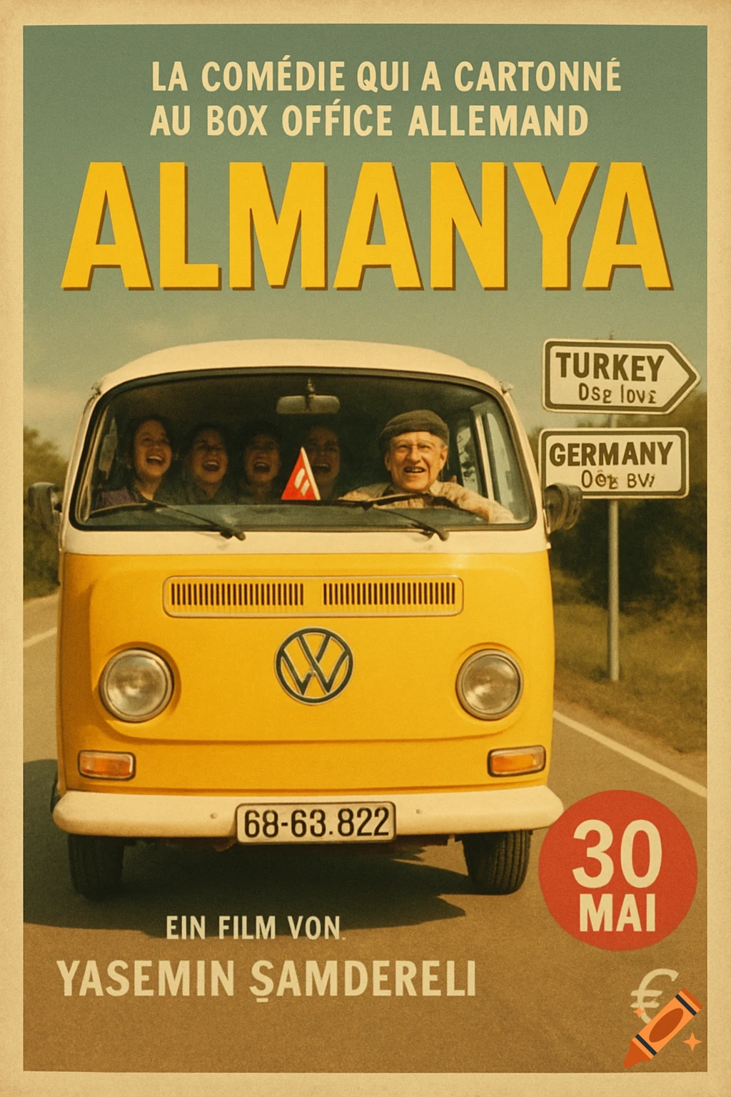 A vintage-style movie poster for 'Almanya' shows a yellow Volkswagen van with a laughing Turkish family inside. Road signs point to Turkey and Germany. The poster has warm, sunny tones.
