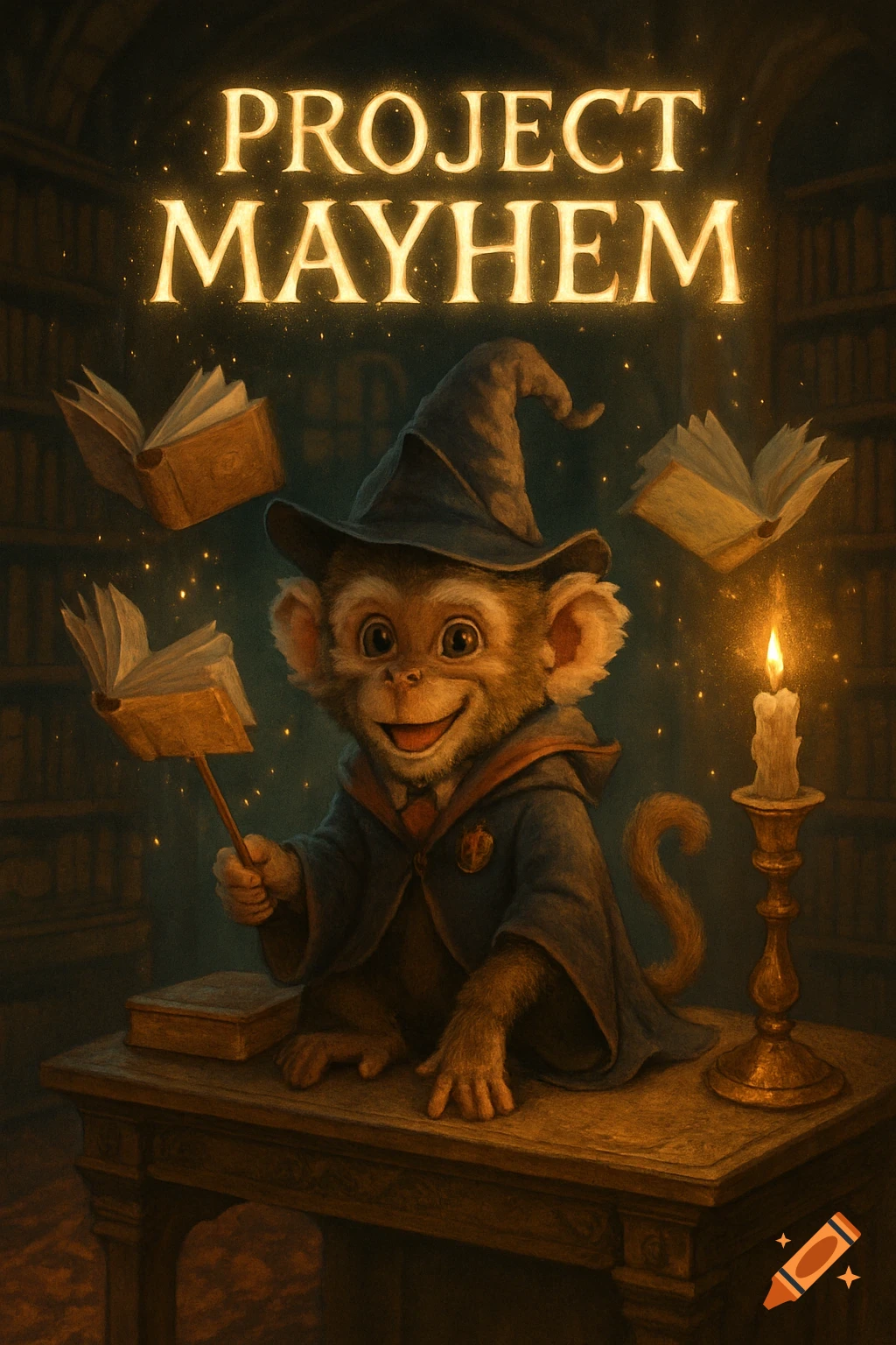 A cute monkey wizard in a robe and hat, casting spells on floating books in a magical library, with 'PROJECT MAYHEM' text above.