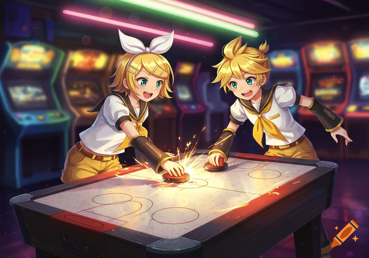 Two cheerful anime kids, a girl and a boy, play air hockey in a vibrant, neon-lit arcade.