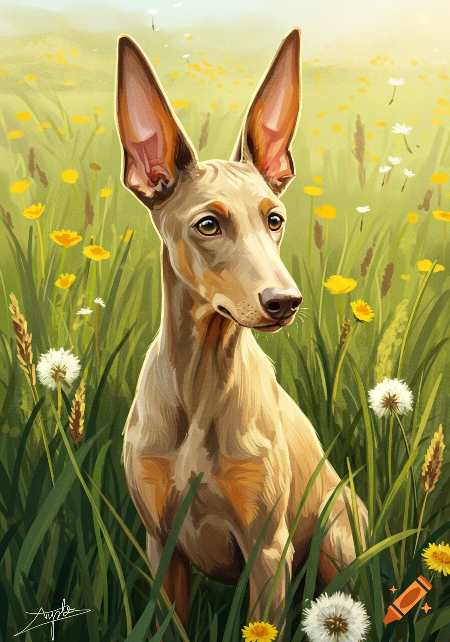 A tan Doberman puppy with large pointed ears sits in a vibrant green field filled with yellow and white wildflowers, rendered in a painterly style.