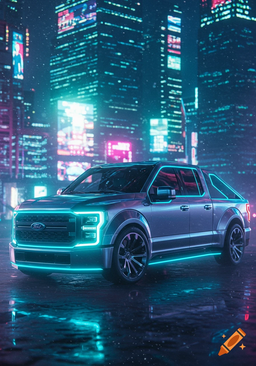 A futuristic Ford truck with neon blue lighting sits on a wet street in a cyberpunk city at night, reflecting city lights.