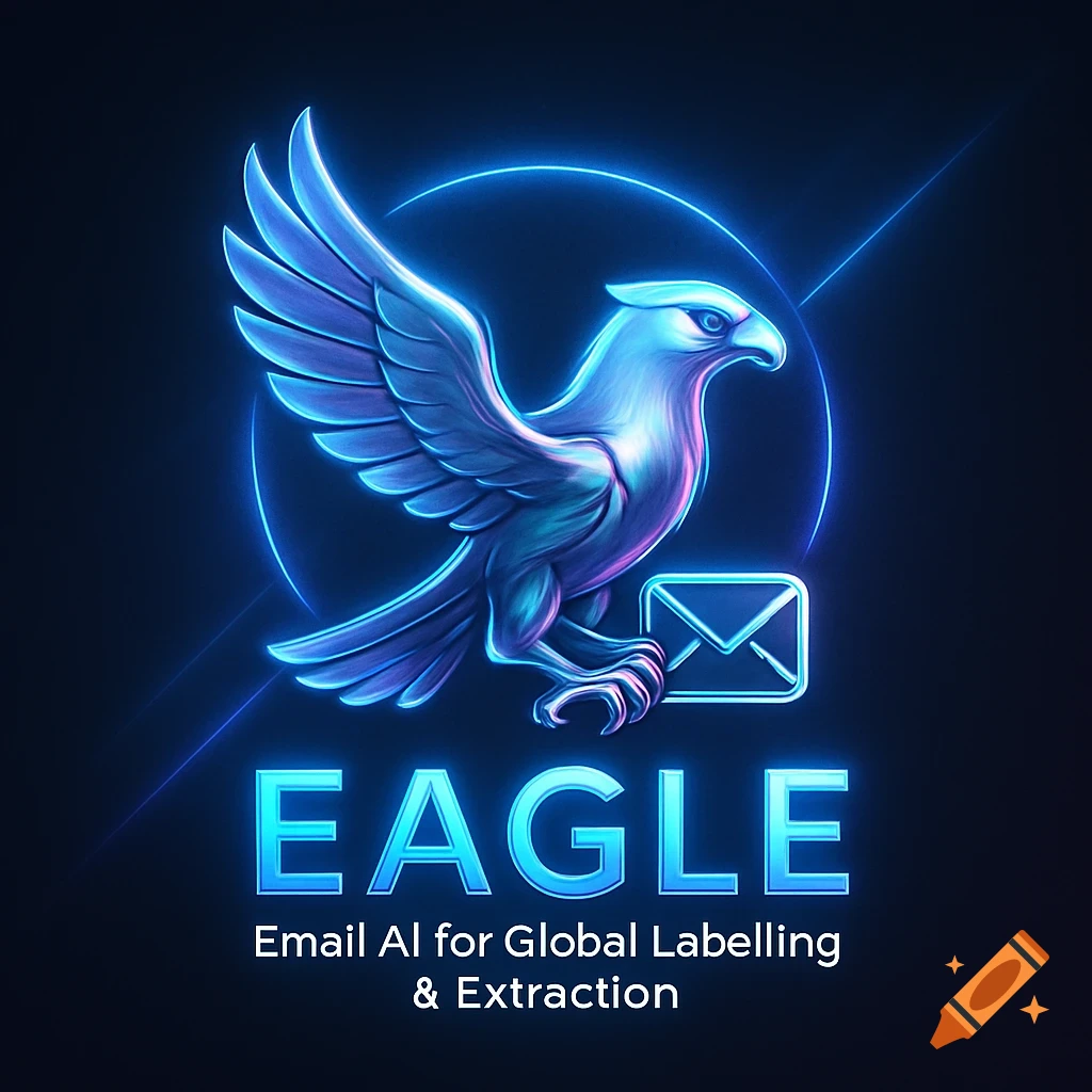 A sleek, neon-blue eagle logo holding an email icon, with 'EAGLE: Email AI for Global Labelling & Extraction' text below on a dark background.