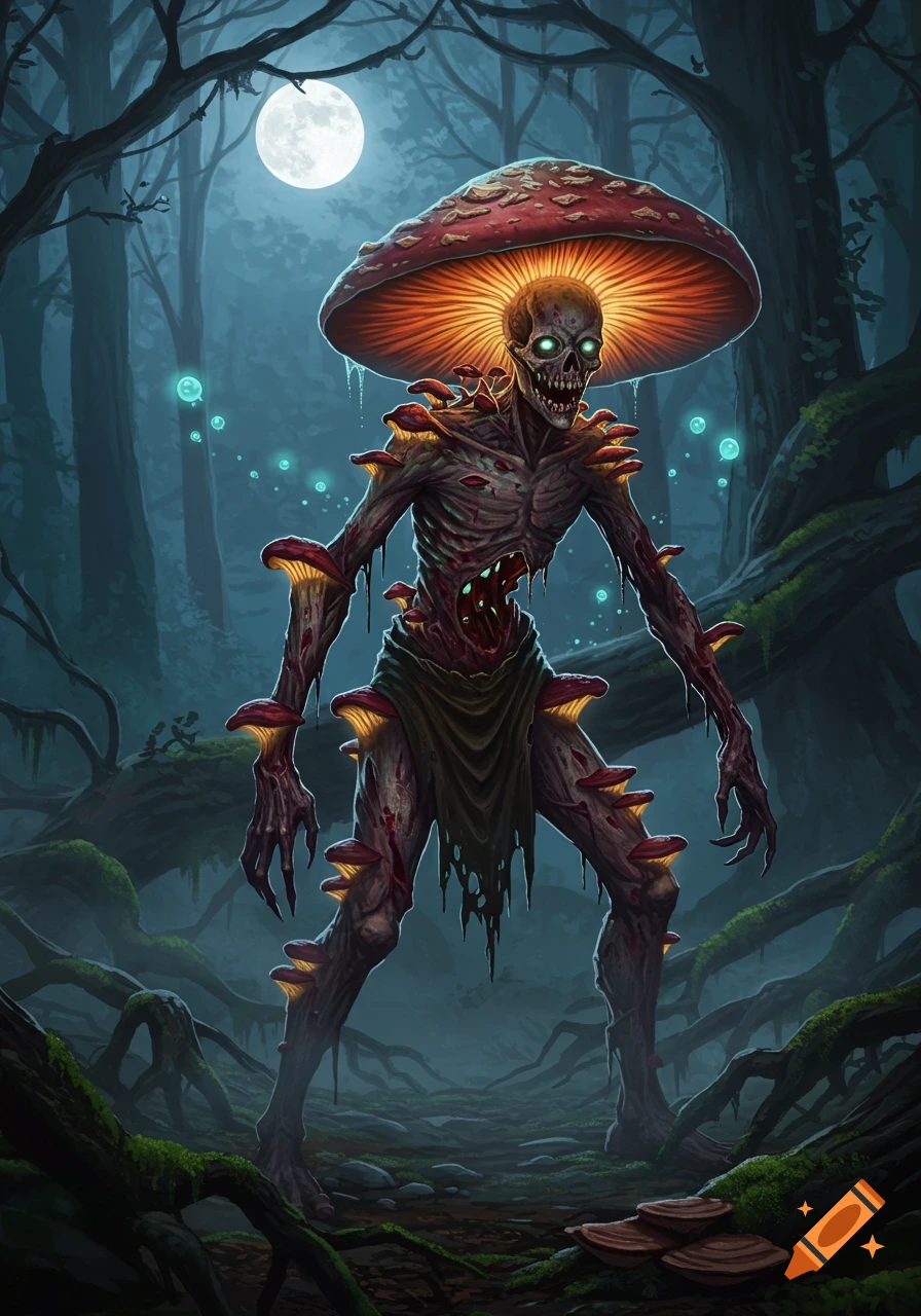 A skeletal mushroom zombie with glowing green eyes and a large mushroom cap for a head stands in a dark, moonlit forest, with smaller glowing mushrooms on its body.