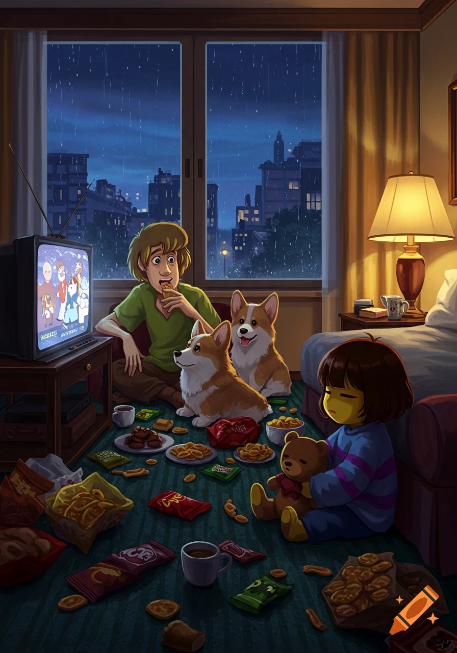 Shaggy and two corgis relax in a cozy room, eating snacks and watching TV. Frisk sits on the floor with a teddy bear, while rain falls outside a large window.