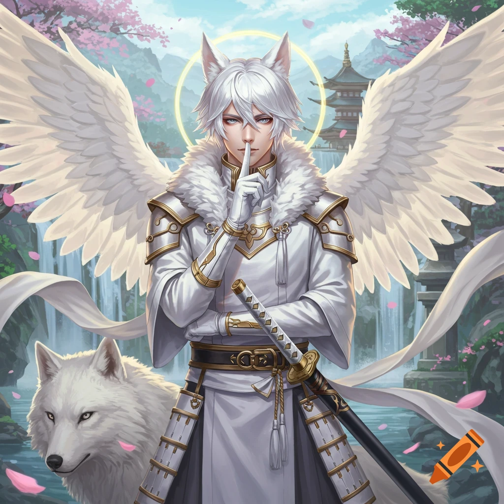 Digital anime art of a white-haired, winged wolf-eared warrior with a katana, finger to lips, next to a white wolf in a Japanese temple garden.