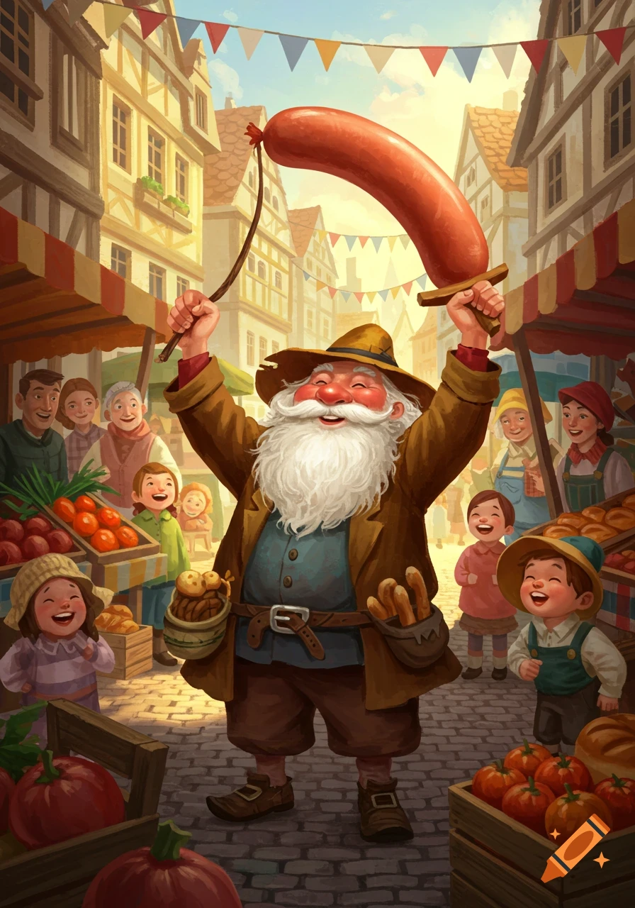 A jolly old man with a white beard holds a giant sausage like a sword, smiling in a bustling, festive market with happy children and adults.