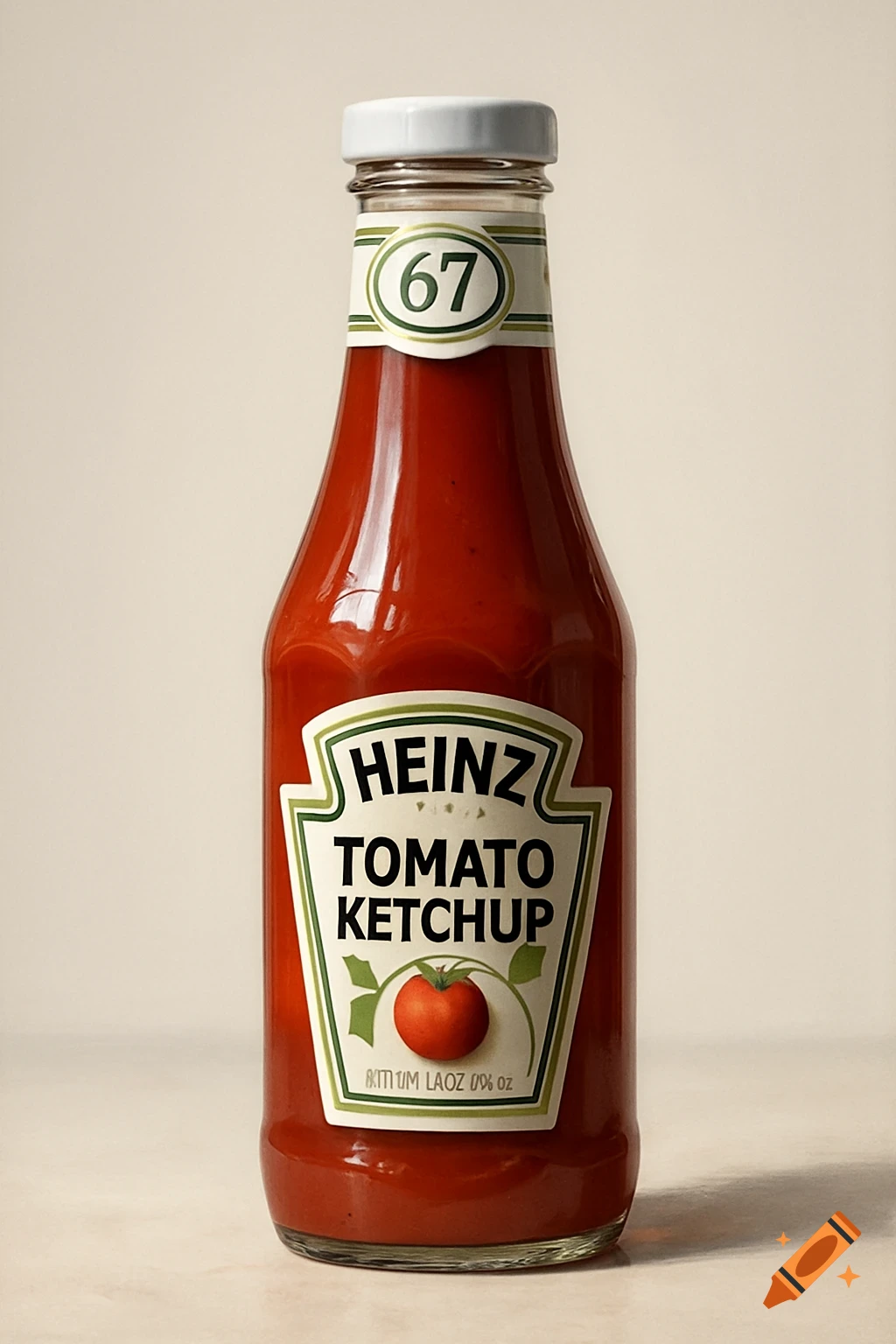 A photorealistic image of a Heinz tomato ketchup bottle with a white cap and a label prominently featuring '67'.