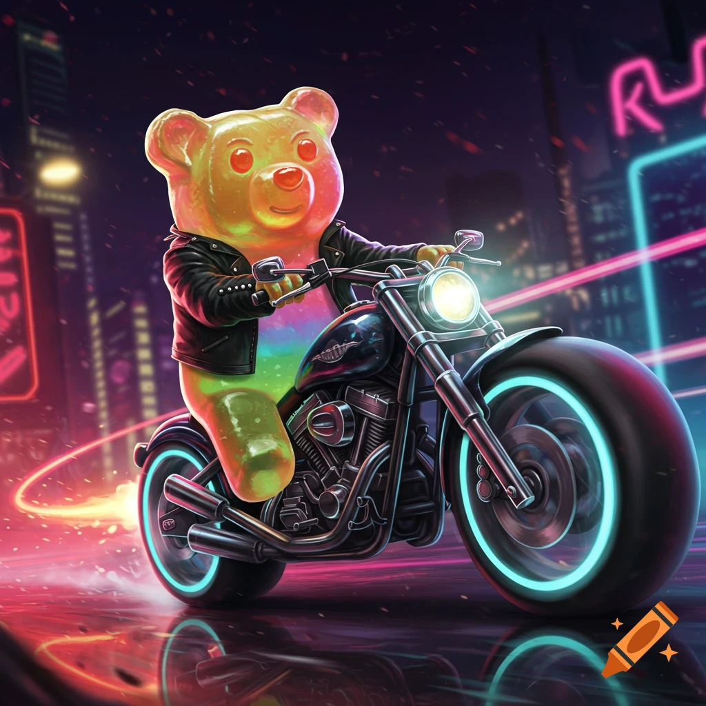 A vibrant, neon-lit image of a yellow-orange gummy bear in a black leather jacket riding a custom motorcycle through a city at night.