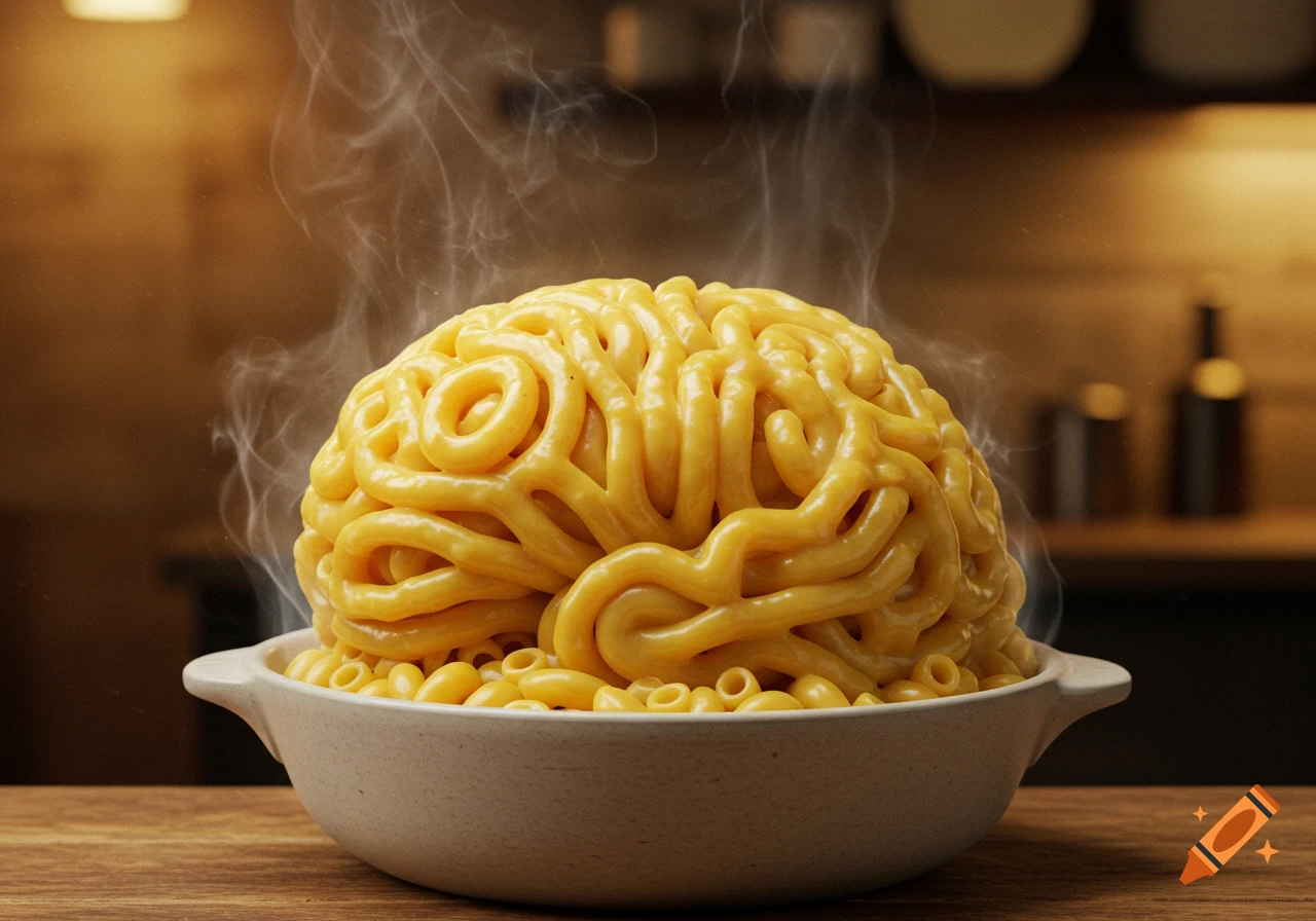 Photorealistic image of a steaming brain-shaped mac and cheese in a bowl on a wooden table.