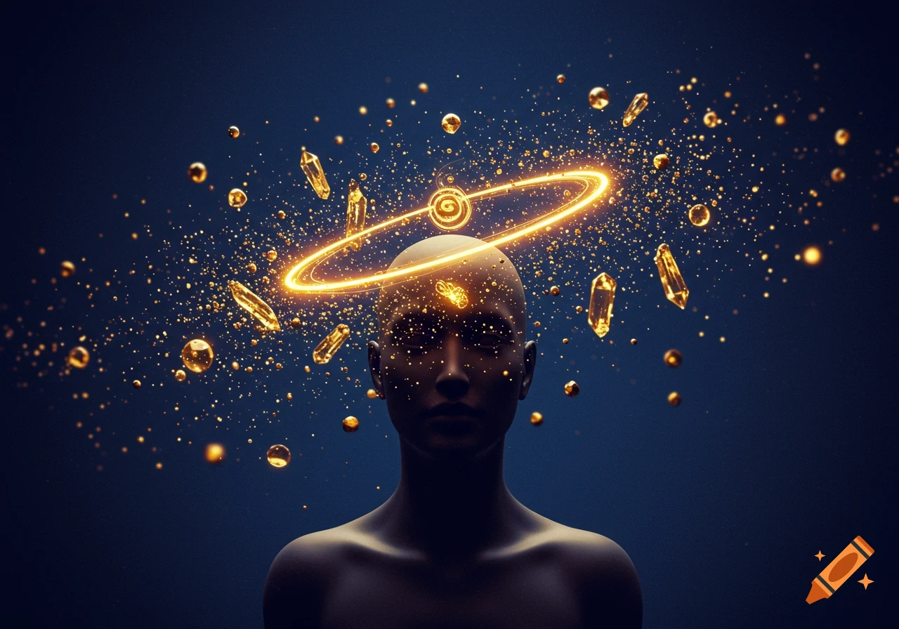 An abstract human silhouette with a glowing golden halo around its head, surrounded by sparkling golden particles and crystals against a dark blue background.