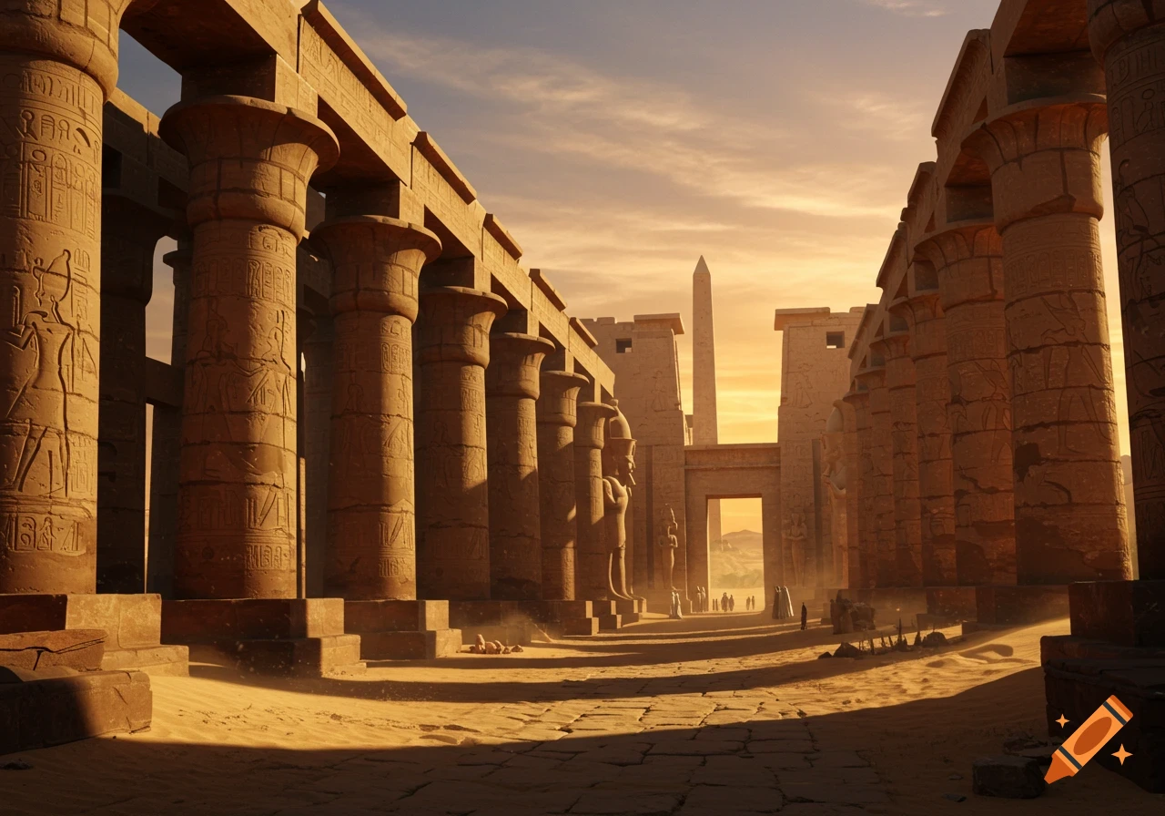 A grand ancient Egyptian temple complex at sunset, with towering decorated columns, statues, and an obelisk under an orange sky.