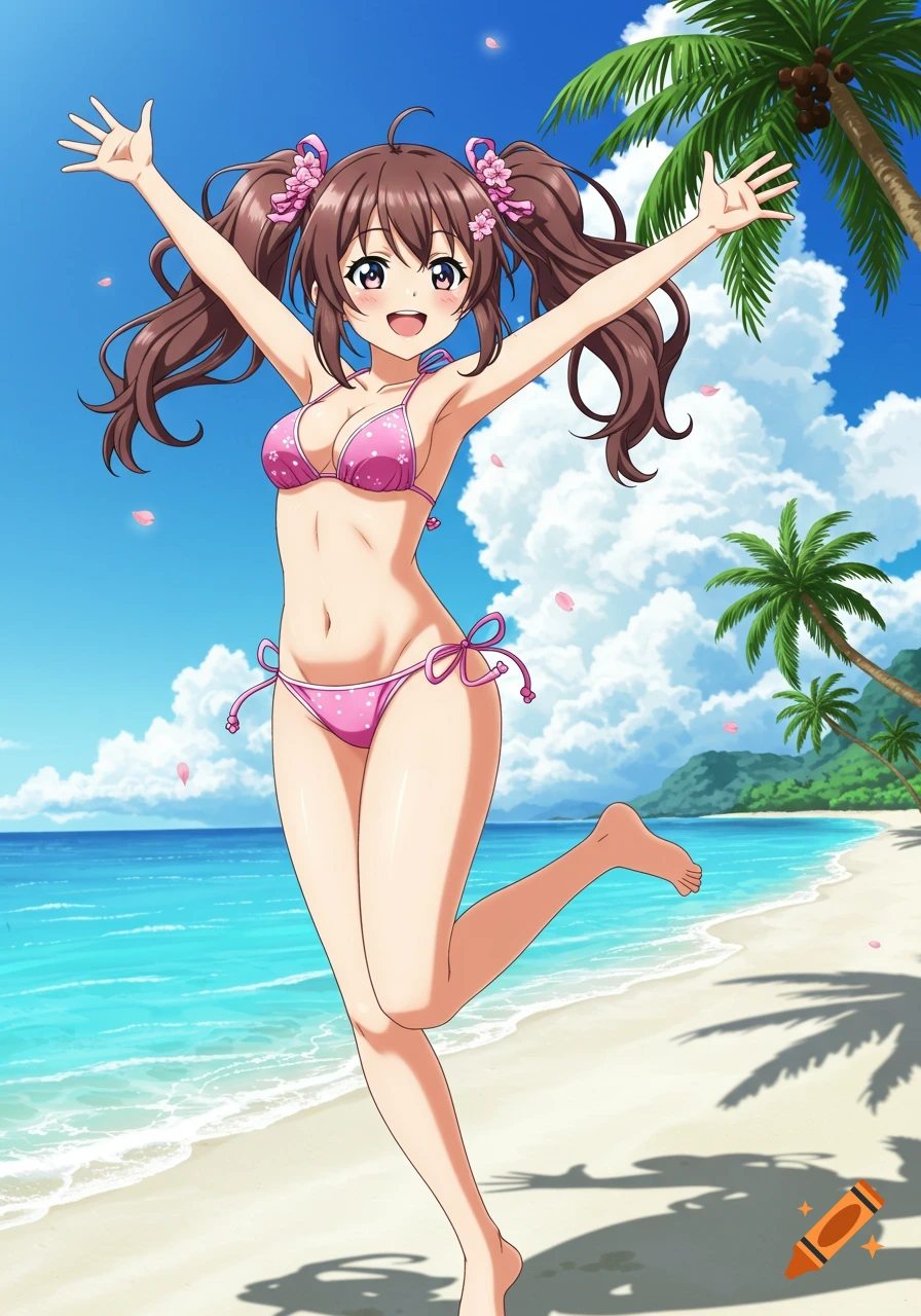 Brunette anime girl with pigtails in a pink bikini jumps on a sunny beach with palm trees and a blue ocean.