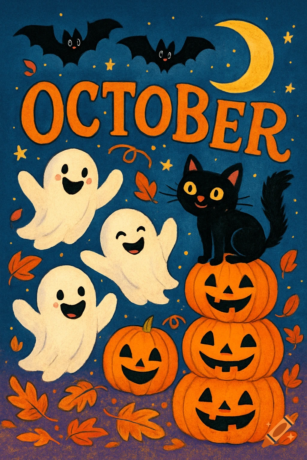 Cute cartoon Halloween illustration with "OCTOBER" text, happy ghosts, bats, a black cat on pumpkins, and autumn leaves.