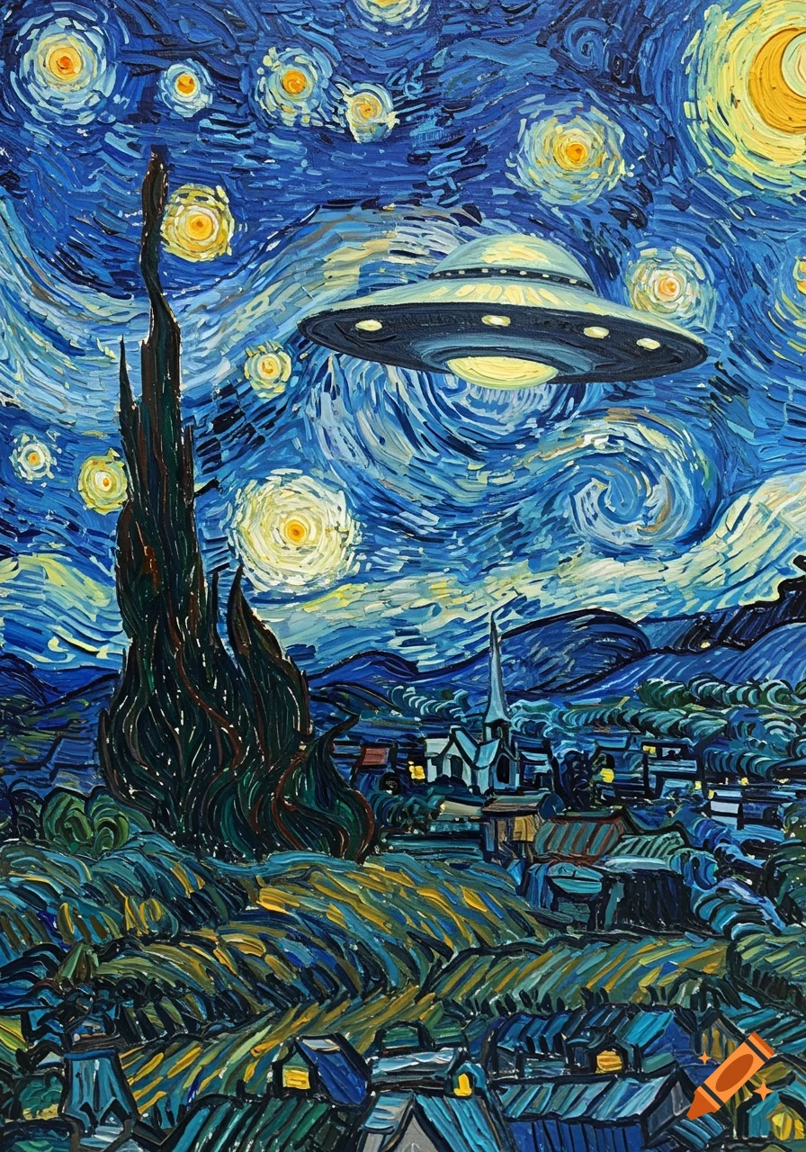 An oil painting in Van Gogh's Starry Night style depicts a UFO hovering over a dark cypress tree and a village.