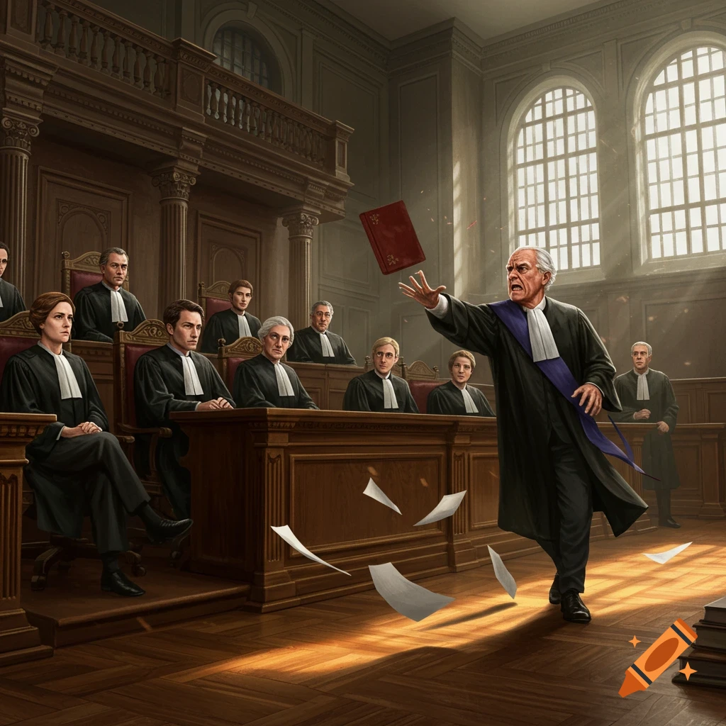 An old male judge in black robes dramatically throws a red book and papers in a grand, ornate courtroom with seated judges.
