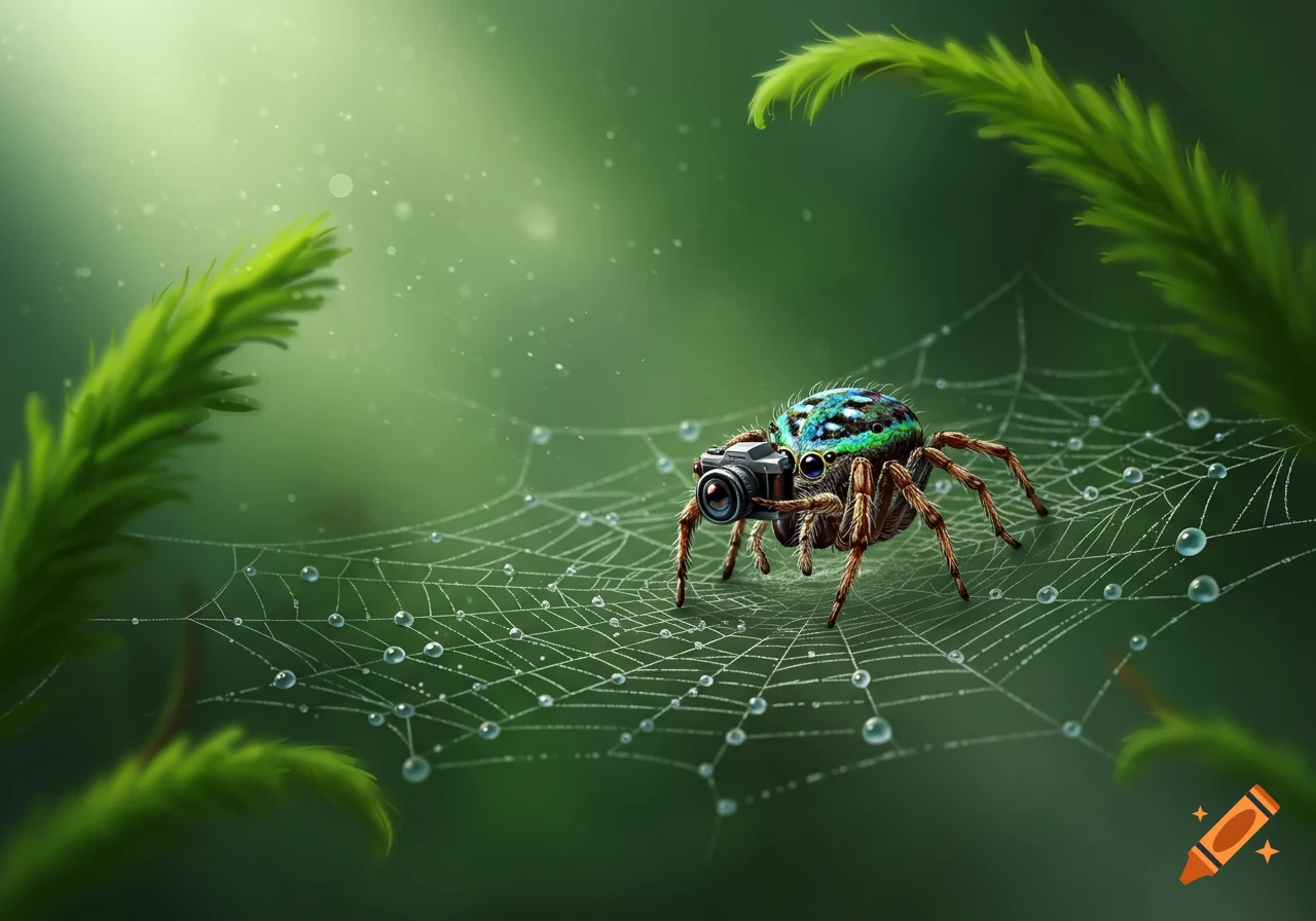 A vibrant jumping spider with a camera on its head is perched on a dew-covered spiderweb in a lush green, illuminated environment.