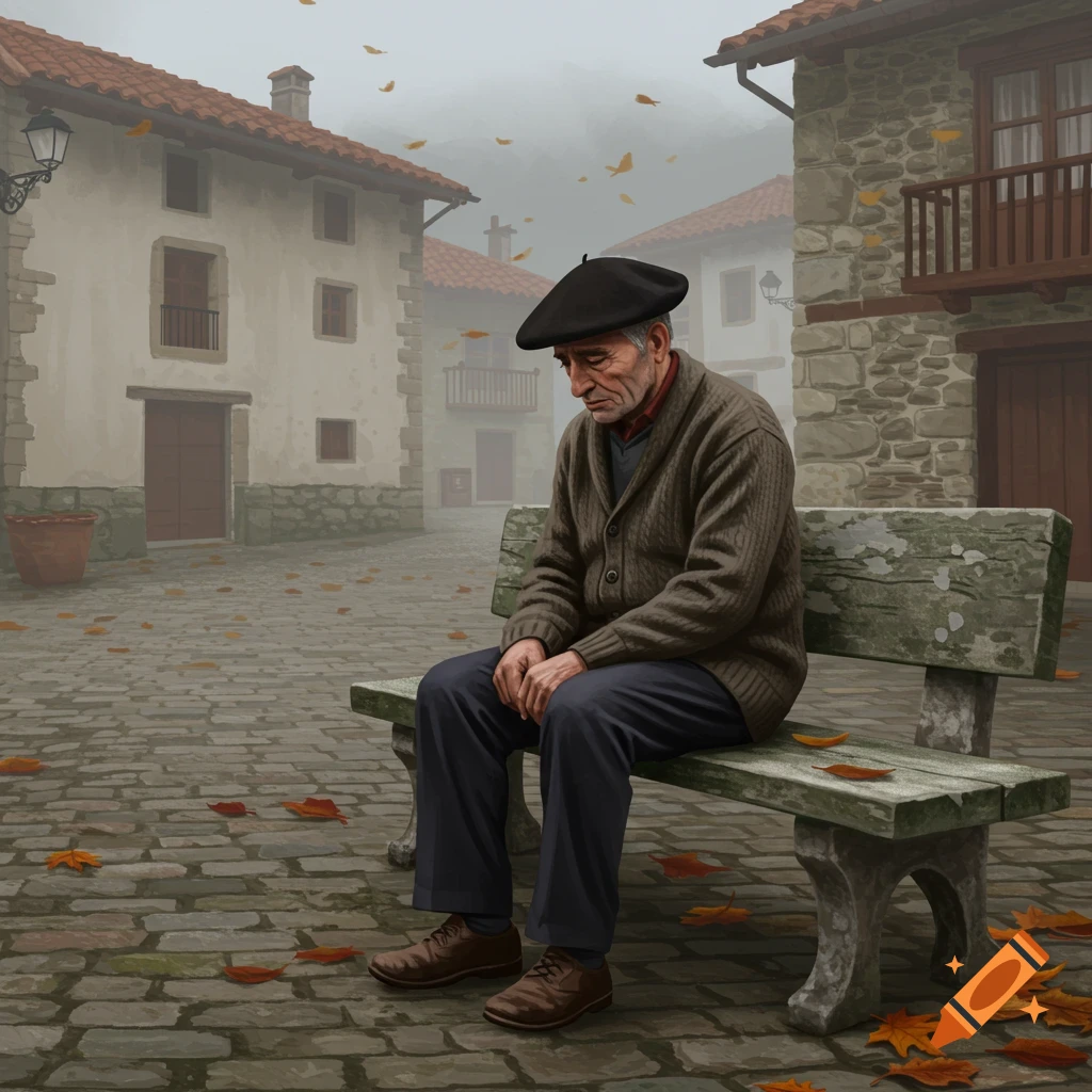 Illustrative painting of a sad, elderly man in a beret sitting on a bench in a cobblestone village with autumn leaves.