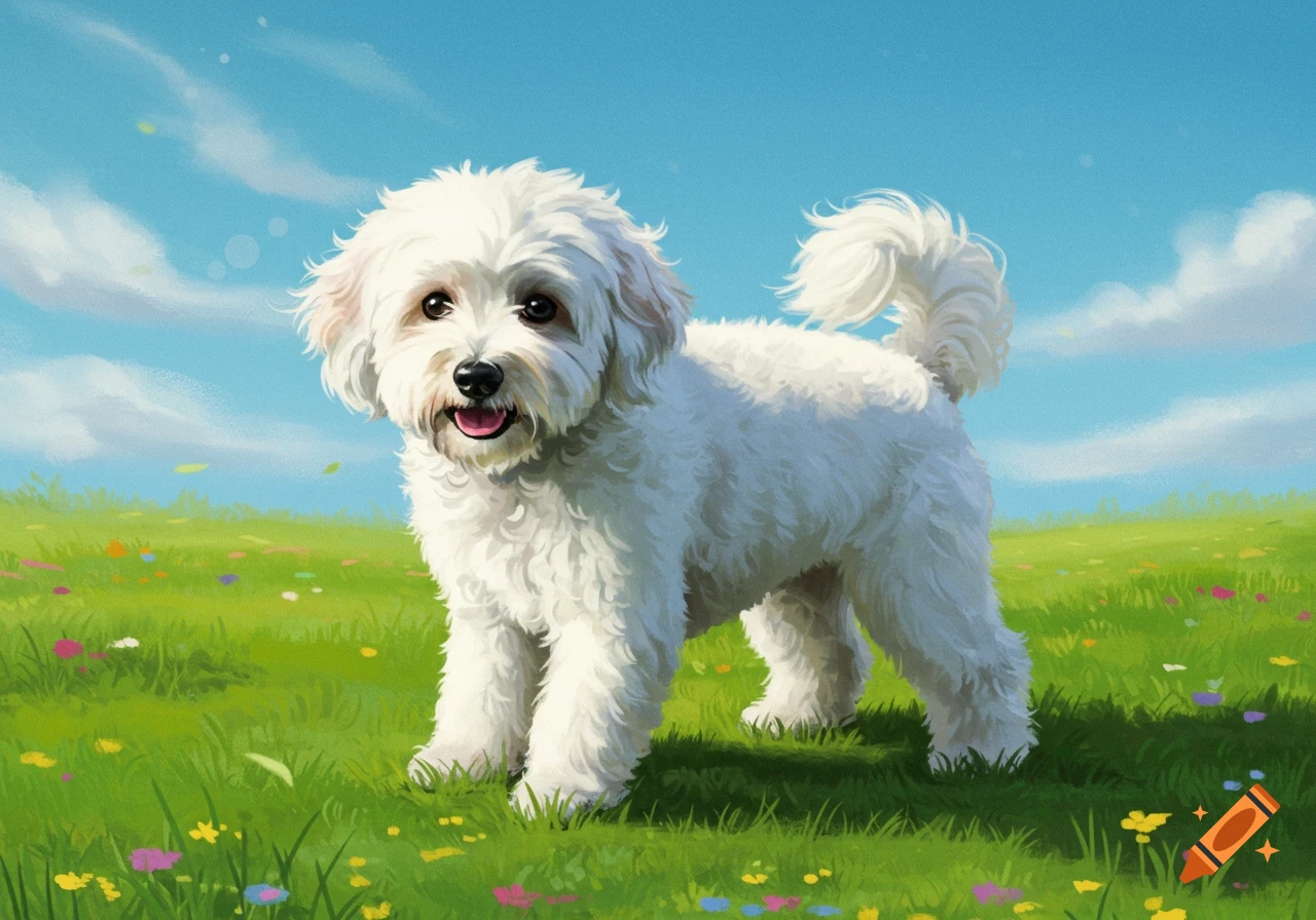 A white fluffy dog stands in a vibrant green field with colorful flowers under a bright blue sky with wispy clouds.